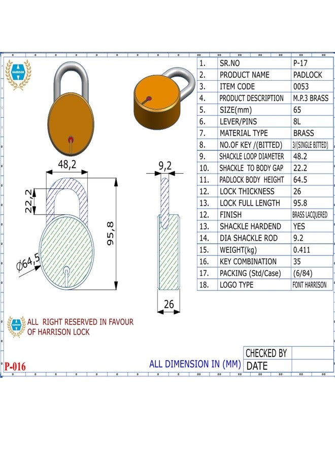 Harrison Padlocks/Round Padlock 65mm 8 Lever with 3 Keys MP3-0053 Pack of 1/ Brass/Padlock, Padlocks, Locks for Home, Locks for Main Door, gate Lock - Image 4